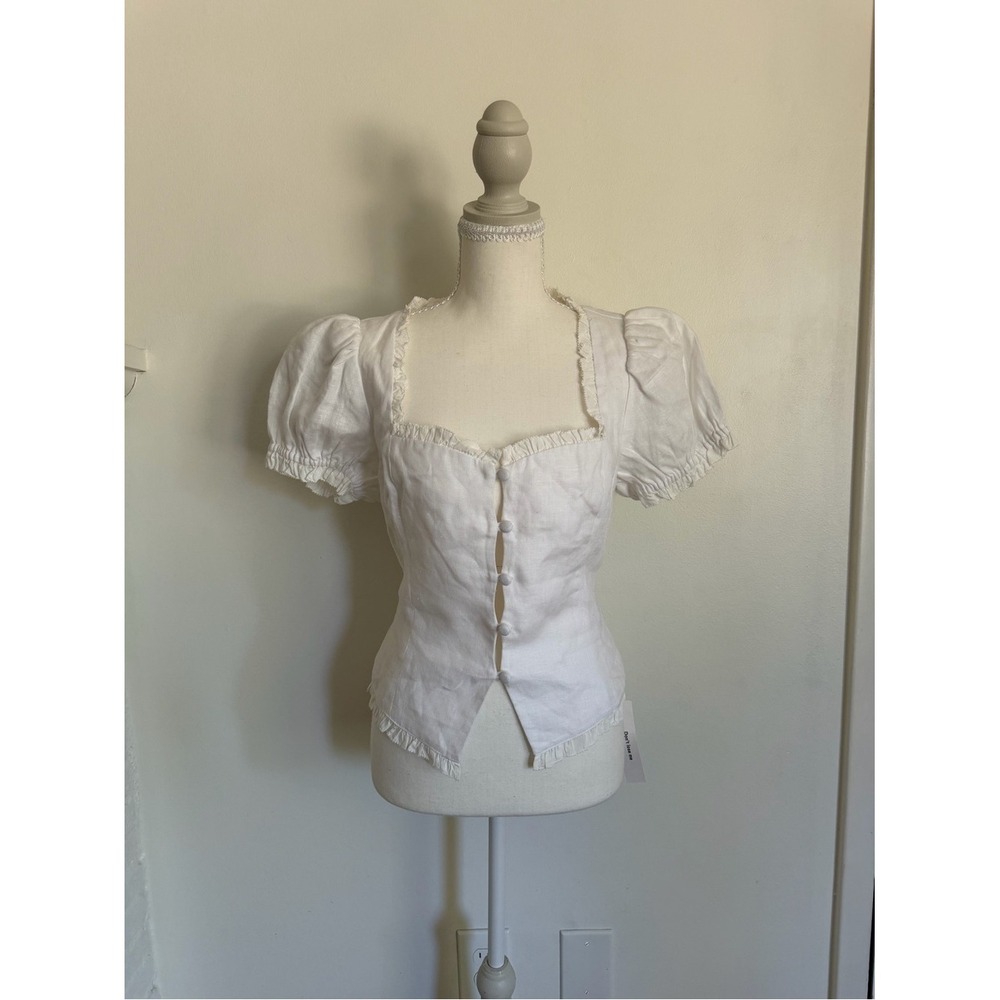 Reformation Rosemary Linen Top White Puff Sleeve Tie Back Cottagecore Size 8 NWT